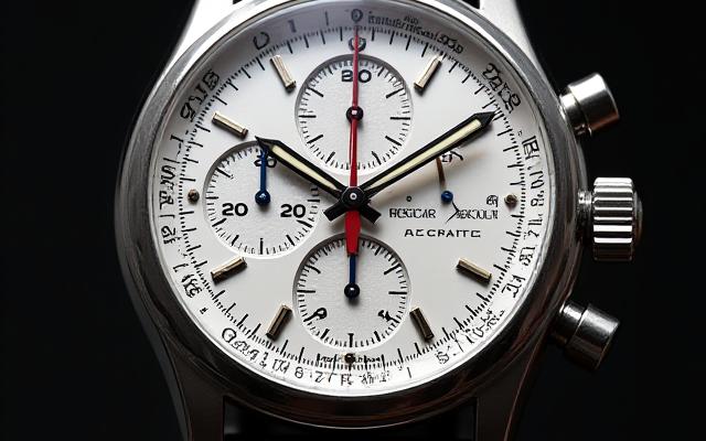 精密計時師 手巻きクロノグラフの文字盤、複数のインダイアルとタキメータースケール